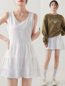 White Mid-Length Sleeveless Hoodie Vest Dress Base Layer Inner Wear A-Line Skirt Cover-Up Bottoms Womens Fashion Clothing