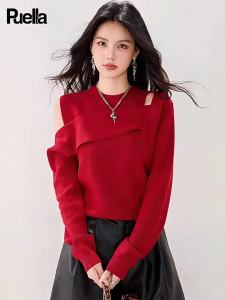 Puella | Hollow-out Design Knitwear Red Long Sleeve Off-shoulder Top