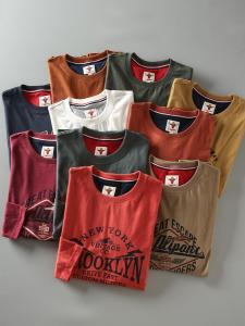 Autumn New Style Mens Cotton Long Sleeve T-Shirt Washed Flannel round Neck Vintage Print Breathable Comfortable American Casual