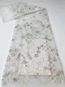 2026 African Nigerian Sequins Embroidery Tulle Lace Fabric Sewing Beads Stone Prom Dresses High Quality 5Yards AT3024-A1