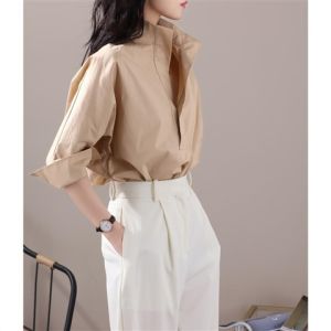 Loose Fit Cotton Batwing Sleeve Shirt Stand Collar Trendy White Shirt Spring Autumn New Style Womens Fashionable Top