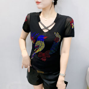 Rehin chữ thập Kim Cương Áo thun ngắn tay lưới lụa băng hai lớp cổ chữ V phong cách Hàn Quốc mới Áo Blouse thời trang cho nữ