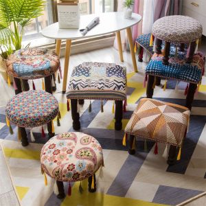 Ins Short Stool Ethnic Style Solid Wood Small Stool Living Room Sofa Stool Nordic Creative Cloth Art Home Shoe Changing Stool