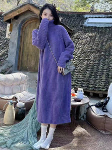 Fall and Winter High Neck Thickened Dress Sweater Long below the Knee Loose and Lazy Style Straight-leg Inner Wear Knitted Dress Bottoming Shirt