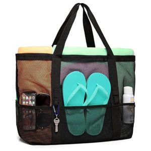 Large Mesh Beach Bag With 8 Pockets Portable XL Tote Bags Foldable Storage Bag for Swimming Travel Durable Women Handbag