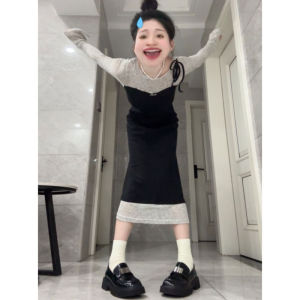 Autumn Winter Womens Slim Fit Long Dress Fake Two-Piece Style Fashionable Unique Design Cotton Blend Comfortable Long Sleeve Dress