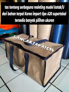 Tas tenteng serbaguna resleting mudel U/kotak dari bahan terpal Korea tipe A20 supertebal tersedia banyak pilihan ukuran