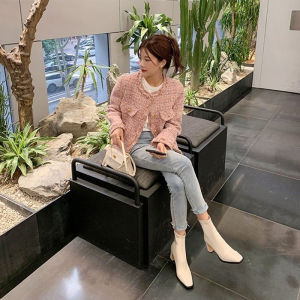 Giày Bốt Martin Cổ Điển Cổ Điển Của Pháp Nữ Đầu Vuông Cao Gót Co Giãn Giày Bốt Ngắn Gót Dày Thời Trang Sành Điệu Mùa Thu Mùa Đông Giày