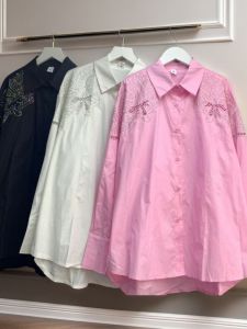 Elegant Long Sleeve Embroidered Lace Splice Casual Womens Shirt Hollow out Design Slimming Heavy Stitching New Fashion Shirt