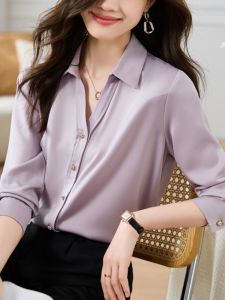 Purple Long Sleeve Womens Shirt Acetate Inner Wear French Style Top Design Sensation Commute Soft Satin Fabric V-neck Regular Length
