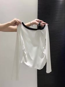 LUOSHAO | Off-shoulder Asymmetric Design Colored White Long-sleeve T-shirt