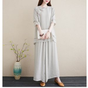 ชุดโยคะผ้าลินินคอตตอนหลวมสำหรับผู้หญิง ชุดเต้นรำสีขาว ชุดโยคะฤดูร้อน ชุดผู้หญิง ชุดจักรพรรดิ์โบราณ ชุดสมาธิ