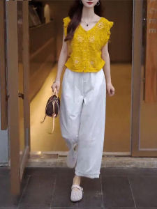 Shalldoer | Bộ đồ hai mảnh thời trang ngọt ngào mát mẻ cay nồng cổ chữ V quần dài thường ngày áo chui đầu mùa hè 2025 thương hiệu Xiangduor