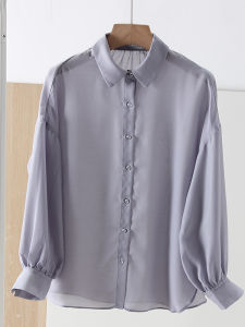 เสื้อเชิ้ตผู้หญิงแขนยาวบางระบายอากาศได้ดี ทรงหลวม ผ้าชีฟอง ฤดูร้อน 2025 เสื้อเชิ้ตคอปกพับแขนยาวแบบลำลอง