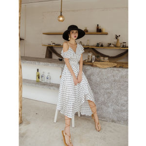 Summer 2023 New Style White Suspender Skirt French Polka Dot Dress Womens V-neck Beach Dress Bohemia Long Skirt