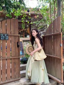 Elegant Printed Halter Dress Hungerlababy Gentle Atmosphere Han Elements Ancient Style Commute Summer Long Dress V-neck Sleeveless