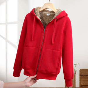 เสื้อสเวตเตอร์มีฮู้ดแบบหนาและมีขนแกะสำหรับผู้หญิงในฤดูใบไม้ร่วงและฤดูหนาวปี 2024 เสื้อคลุมคาร์ดิแกนแบบมีซิปแบบสวมหัวแบบลำลองคอตตอนเต็มตัว