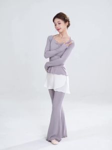daydance | Woman Chest Pleated Dance Tops Thick V-neck Ballet Tops Long Sleeve Modern Dance Outfit Teen Gymnastic Yoga Tops Dance Blouse