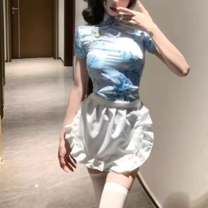 Chinese Style Maid Uniform Apron Set Soft Girl Lolita Cheongsam Dress Ensemble Loose Waist Faux Fur Fabric Short Sleeve