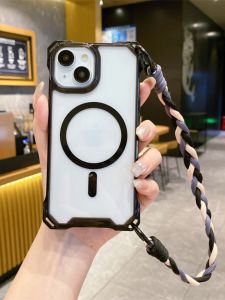 เคสโทรศัพท์มือถือแบบไร้สายใหม่สำหรับ iPhone 15 พร้อมชาร์จแบบแม่เหล็ก ดีไซน์สั้น 15 pro Max ขอบดำ 14 pro สายสะพายข้าง 13 สำหรับผู้หญิง 16 E ป้องกันการตกหล่น