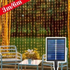 6M/3M Outdoor Solar Powered Curtain LED Light String Fairy Holiday Garland Lamp for Christmas Wedding Party Garden Decoration