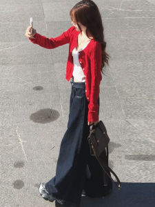 Quần Jeans Denim Xanh Đậm Cạp Cao Ống Rộng Ôm Dáng Dài 180 Cm Phong Cách Retro Cho Nữ Quần Dài Đến Sàn Có Túi