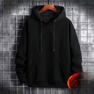 Thickened Fleece Hoodie Sweatshirt Mens Autumn Winter Warm Outerwear Casual Loose Fit T-Shirt Style Kangaroo Pocket Pure Color