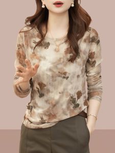 เสื้อยืดแขนยาวสไตล์วินเทจแม่ที่ไม่ซ้ําใคร ผู้หญิง ทันสมัย ฤดูใบไม้ร่วง เสื้อท่อนบน โพลีเอสเตอร์ ผ้าคอกลมพิมพ์ลายเชียร์ปกขึ้น