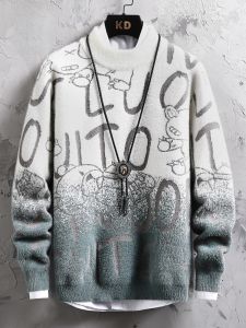 ROMON | Lormen Mens Knitted Sweater Half High Collar Thickened Mink Velvet Warm Gradient Color Base Shirt Winter Fashion City Casual Loose Fit