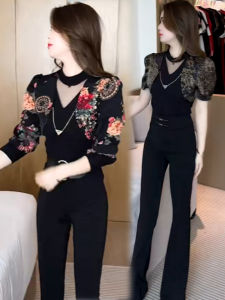 Fashionable Summer 2024 Korean Version Slimming Two-Piece Set Polyester Fiber Long Sleeves POLO Collar Womens Suit