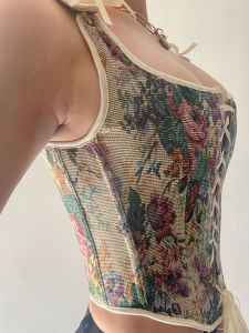 Street Style Fishbone Corset U-Neck Strap Vest Slim Fit Short Length Womens Summer Fashion Belted Waist Chest Shirt