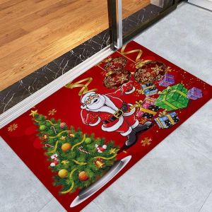 VIKAMA Christmas Entrance Door Mat Santa Reindeer Snowy Pine Branch Bauble Print Non Slip Mat For Front Door Porch Xmas Decor