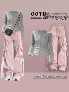 Cool Girl Denim Casual Sweet Cool Suit Womens Autumn Korean Style Stylish Stand Collar Cardigan Top Wide-Leg Overalls Two-piece Set