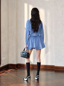 Blue French Style Long Sleeve Dress Waist Cinched Commute Versatile Diamond Embellished Casual High Waist A-Line Skirt