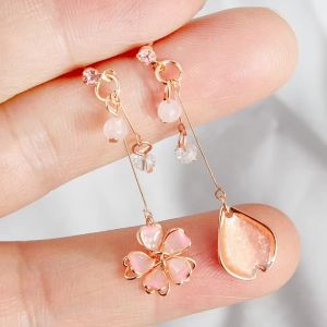 New Korean Romantic Cherry Blossoms Flower Earrings For Women Fashion Long Tassel Asymmetrical Dangle Earring Girl Sweet Jewelry
