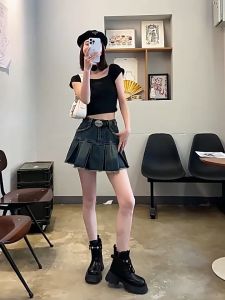 🌟CORE🌟dresses women new style 2025 High Waist Skirt Hot Girl A-line Pleated Skirt American Style Retro Denim Short Skirt