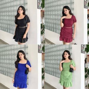 Cecilia Set Setelan Wanita Atasan Blouse Lengan Pendek Dan Rok Pendek Crinkle Airflow Korean Style Kekinian Terbaru Ootd by Clashe