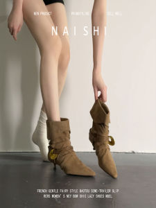 Retro Pleated Faux Leather Western Boot With Metal Buckle Short High-Heel