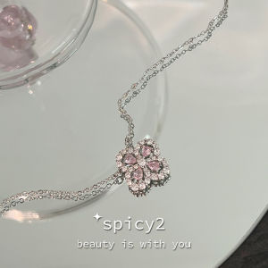 Elegant Sweet Sakura Pink Four Leaf Clover Necklace & Sweater Chain Clavicle Chain