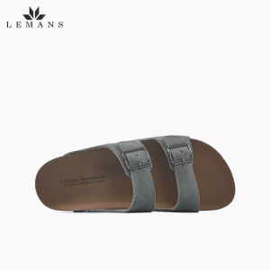 Dép Da Bò Lộn Nubuck xám Đế Trấu Quai Ngang LEMANS May Sandals - Grey. Đế 2.5cm Quai điều chỉnh Da bò cao cấp. Bảo hành 6 tháng