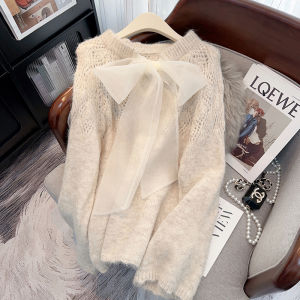 French Butterfly Knot Long Sleeve Knitted Sweater Womens Spring Autumn Loose Design Hollow out Anti-Aging Cashmere Sweater