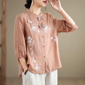 Elegant Cotton Linen Embroidered Shirt Stand Collar Seven Sleeve Women Summer Fashionable Thin Top Heavy Work Artistic Style