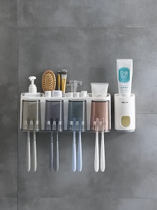 Kệ 4 ngăn đựng kem đánh răng kèm 4 ly và lấy kem tự động  - H365