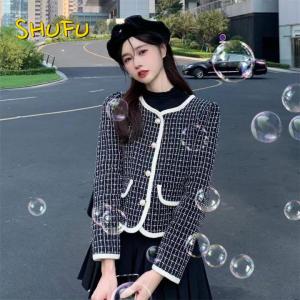 SHUFU 2695 korean style blazers for women formal plus size checked long sleeve crop top