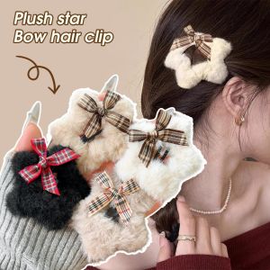 4Pcs Plush Star Bow Hairpin Y2K Simple Solid Color Star BB Hair Clip Korean Fashion Fluffy Star Hair Clips Barrettes Christmas Women Girls Hair Accessories