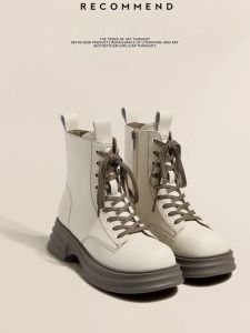 รองเท้าบูทมาร์ตินสีน้ำตาลสำหรับผู้หญิง ฤดูใบไม้ผลิและฤดูใบไม้ร่วง ส้นสูง ด้านข้างเปิด ยางพารา รองเท้าบูทสั้นแบบลำลอง สไตล์อังกฤษ