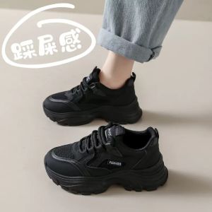 Black Sport Shoes Casual Winter Anti-slip Soft Bottom Trendy Women Work Thick Bottom Running Dad Shoes Women Comfortable Mesh Inner