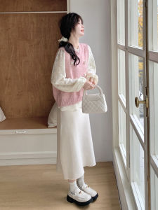 Sweet Korean Style Womens Knitted Lace Vest And Base Shirt Two-Piece Set Pastel Pink Hooked Flower Design Commute Friendly