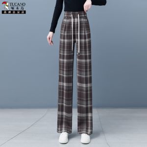 TUCANO High Waist Wide Leg Pants Womens Spring Autumn Plaid Drawstring Loose Fit Casual Trousers Vintage Style