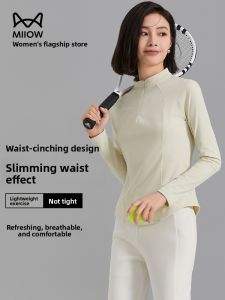 Miiow | Ice Silk Thin Yoga Wear Womens Summer Slim Fit Sport Base Shirt Long Sleeve T-Shirt Top Cat Person Stand Collar Quick Dry